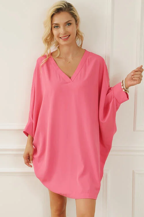 V-Neck Batwing Sleeve Mini Dress Stylish Ribbed Mini Dress