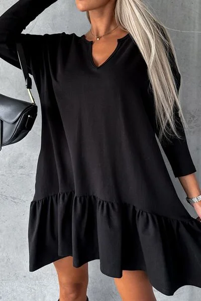 Notched Long Sleeve Ruffle Hem Mini Dress Comfortable Casual Mini Dress