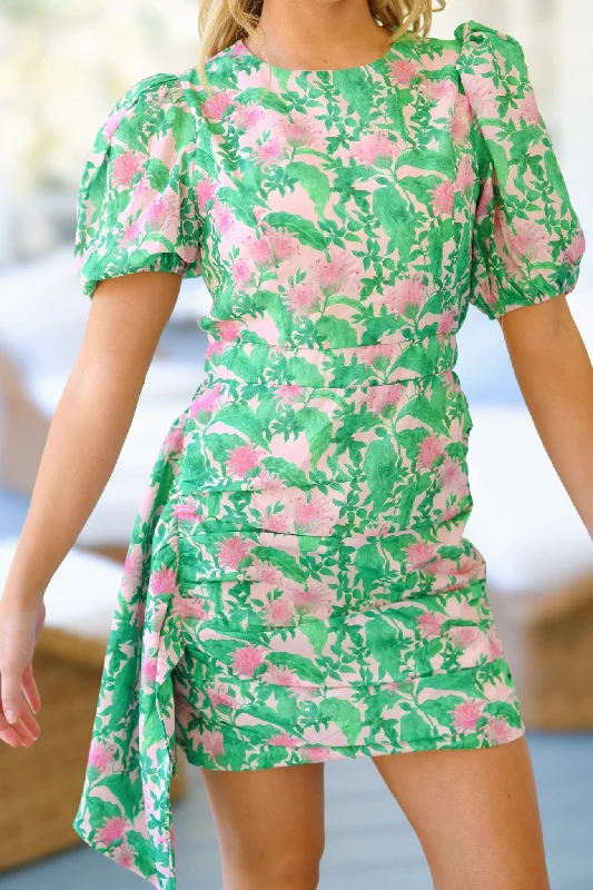 Carrie Puff Sleeve Mini Dress - Green/Pink (PREORDER - 2.5 WEEKS) Elegant Tulle Mini Dress Carrie Puff Sleeve Mini Dress - Green/Pink (PREORDER - 2.5 WEEKS) Elegant Tulle Mini Dress