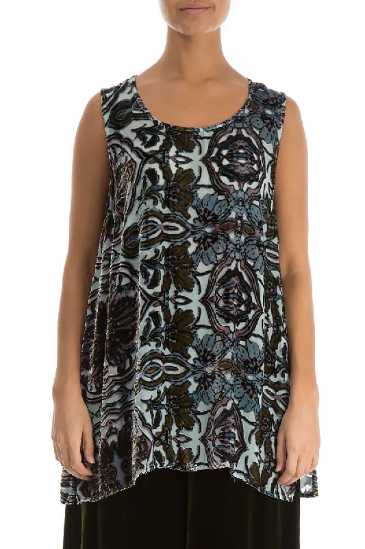 Sleeveless Devoré Ornament Silk Velvet Blouse Delicate Pleat Blouse
