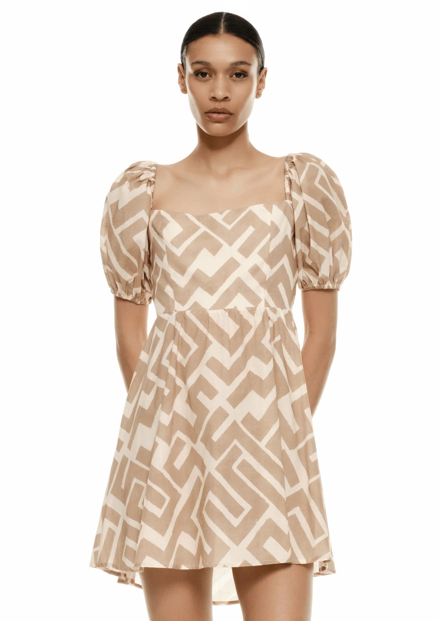 BEIGE GEOMETRIC MINI DRESS Chic Halter Mini Dress