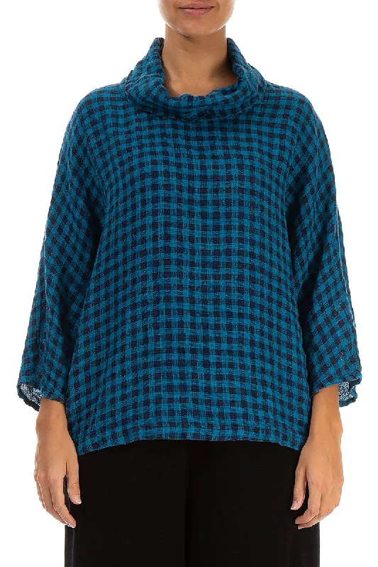 Cowl Neck Blue Check Linen Blouse Chic Square Blouse