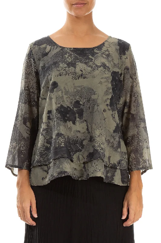 Layered Silver Sage Marble Silk Cotton Blouse Smart Business Blouse