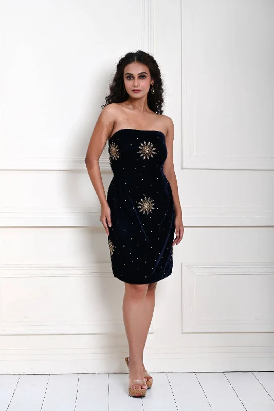 Blue Strapless Evening Mini Dress in Velvet Comfortable Bodycon Mini Dress