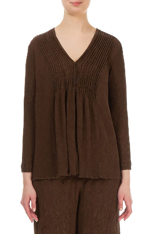 V-Neck Chocolate Silk Viscose Blouse Satin Drape Blouse