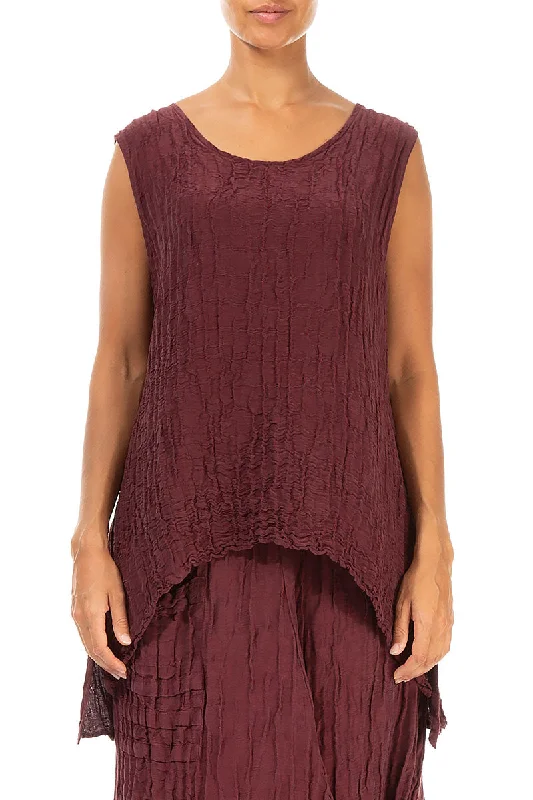 Longer Back Crinkled Burgundy Silk Blouse Frilled Cuff Blouse