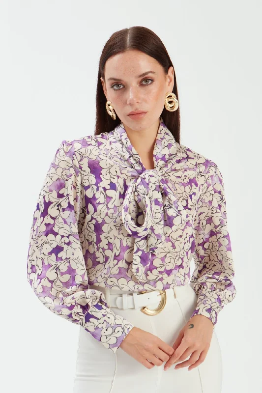 Bow Tie Collar Patterned Blouse - PURPLE Puff Sleeve Blouse