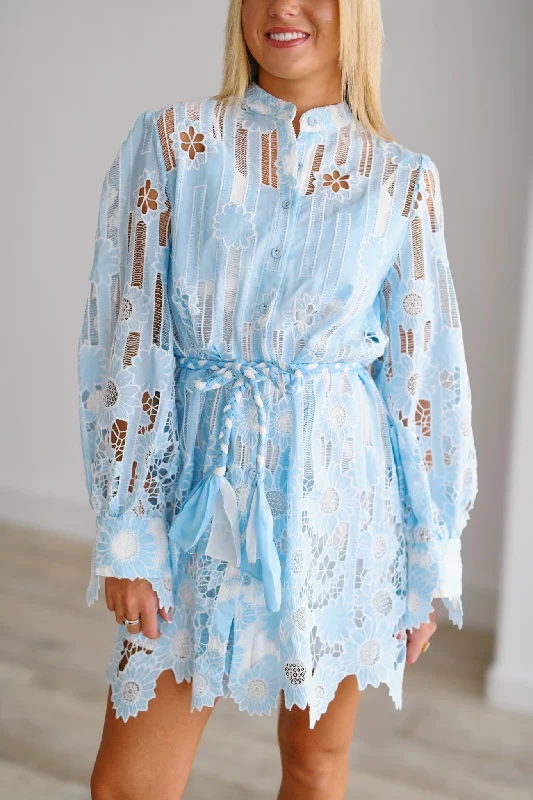 Whitney Floral Lace Mini Dress - Blue Elegant Sequin Mini Dress