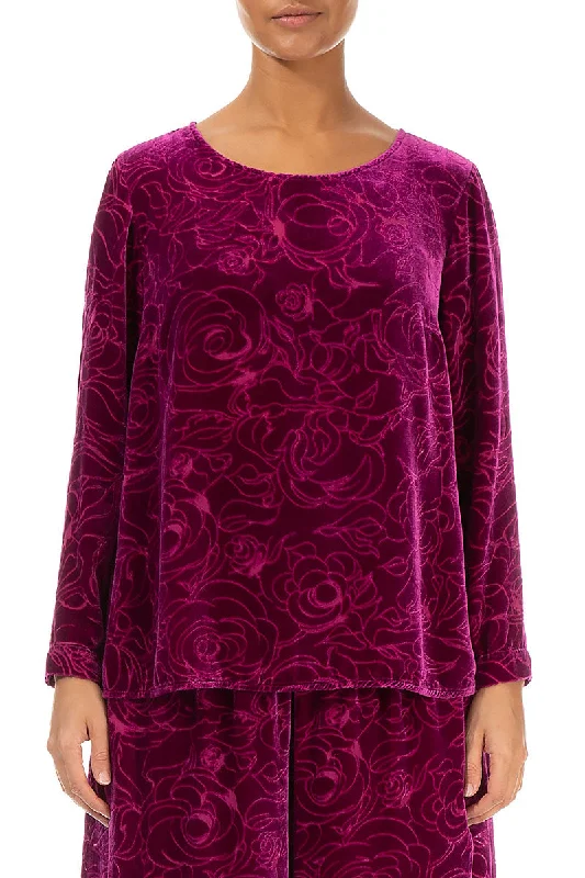 Devoré Roses Royal Fuchsia Silk Velvet Blouse Peter Pan Blouse