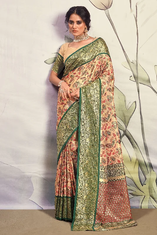 Beige Printed Art Silk Function Saree With Blouse Frilled Cuff Blouse