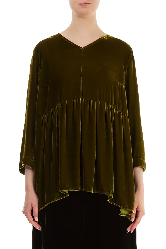 Flared V-Neck Golden Lime Silk Velvet Blouse Casual Button Blouse