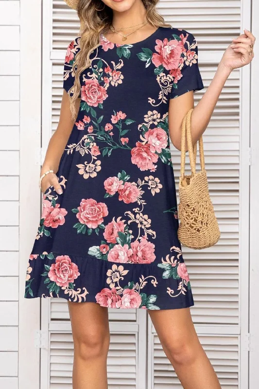 Printed Round Neck Short Sleeve Mini Dress with Pockets Fashionable Lace Mini Dress