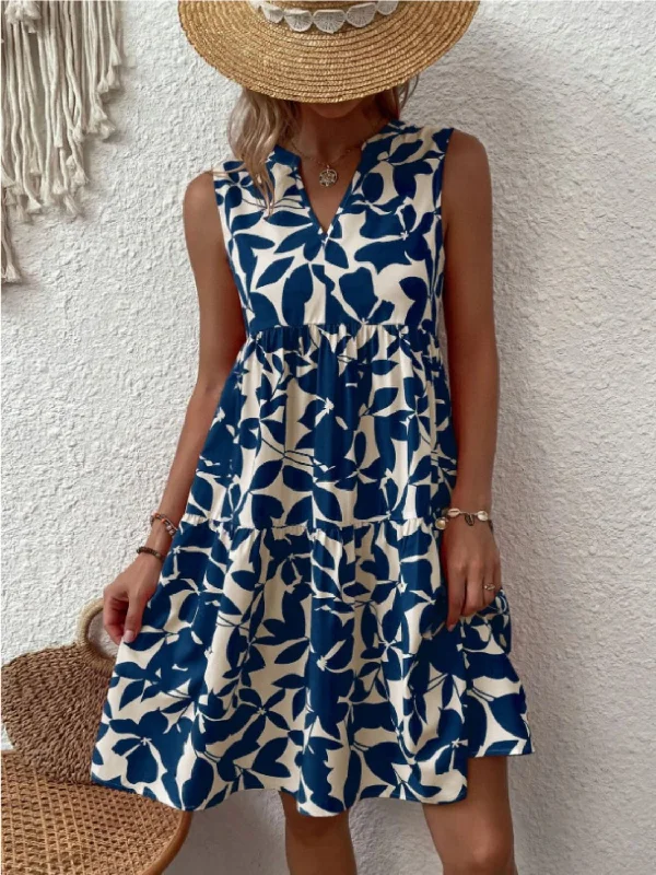 Printed Notched Sleeveless Mini Dress Stylish Short-Sleeve Mini Dress