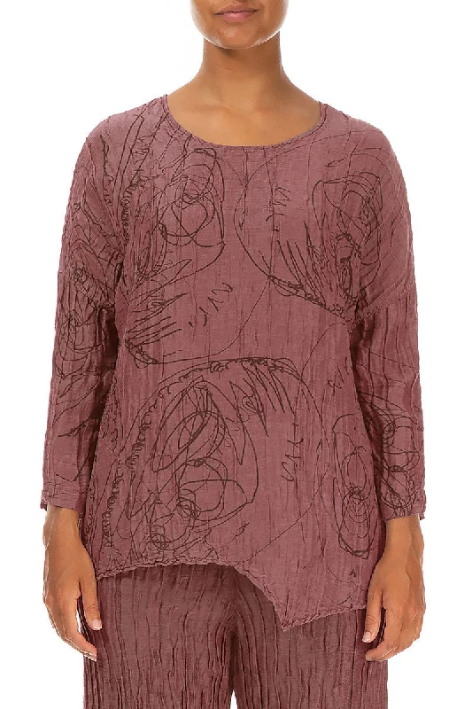 Asymmetric Crinkled Dusty Rose Abstract Draw Silk Blouse Slim Fit Blouse