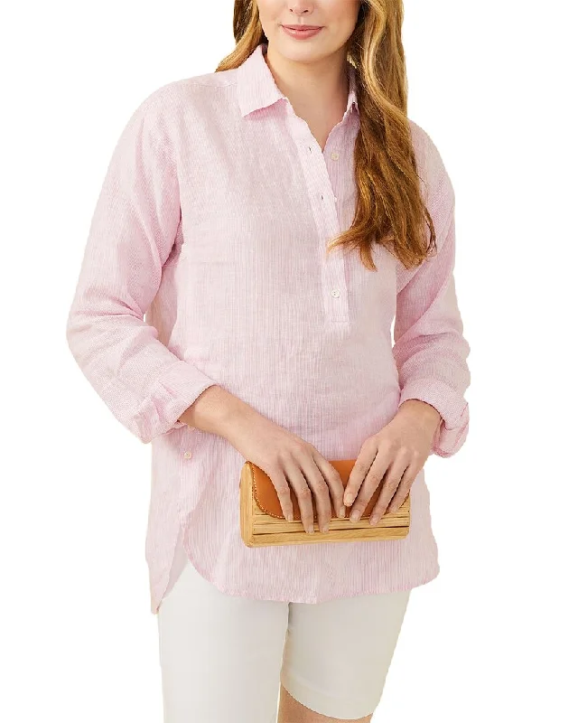 J.Mclaughlin Stripe Fallon Linen Blouse Ruched Sleeve Blouse
