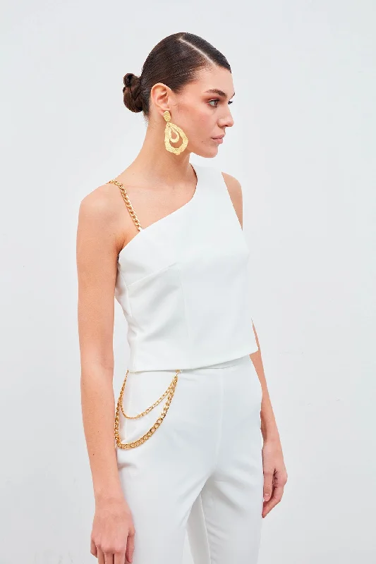 Chain Strap Detailed Crop Blouse - White Modern Work Blouse
