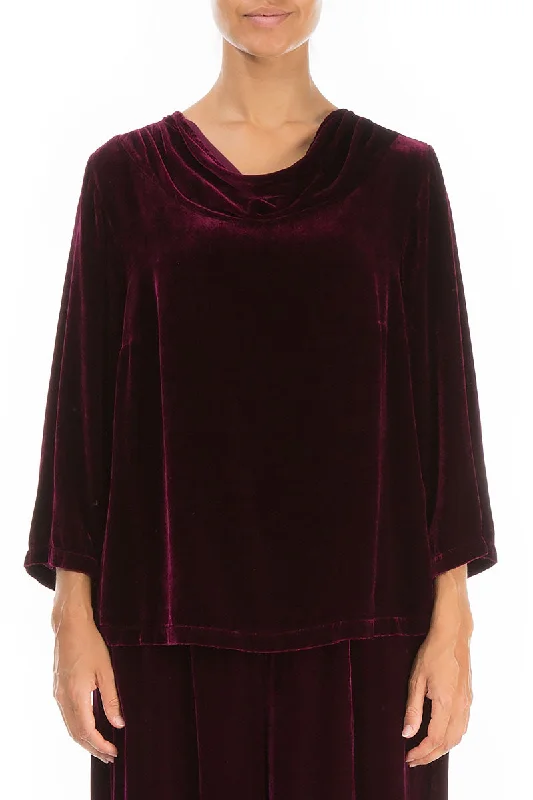 Cowl Neck Magenta Silk Velvet Blouse Elegant Lace Blouse