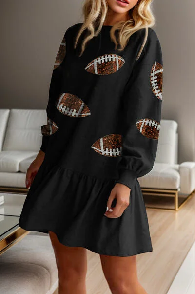 Football Sequin Round Neck Dropped Shoulder Mini Dress Chic Puff Sleeve Mini Dress
