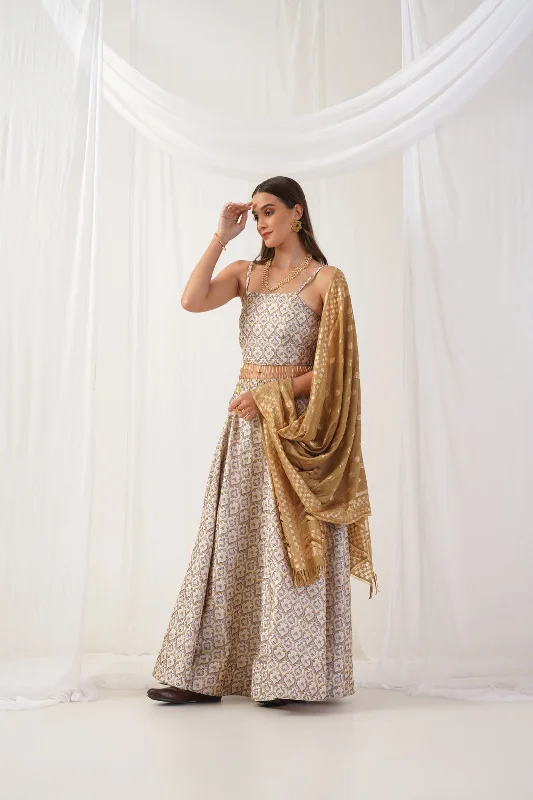 Ivory Jacquard Beads & Stones Ready To Wear Lehenga & Blouse With Dupatta - Rasiya Modern Oversized Blouse