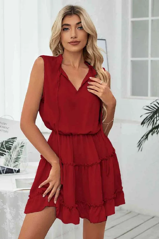 Frill Trim Tie Neck Sleeveless Mini Dress Trendy Denim Mini Dress