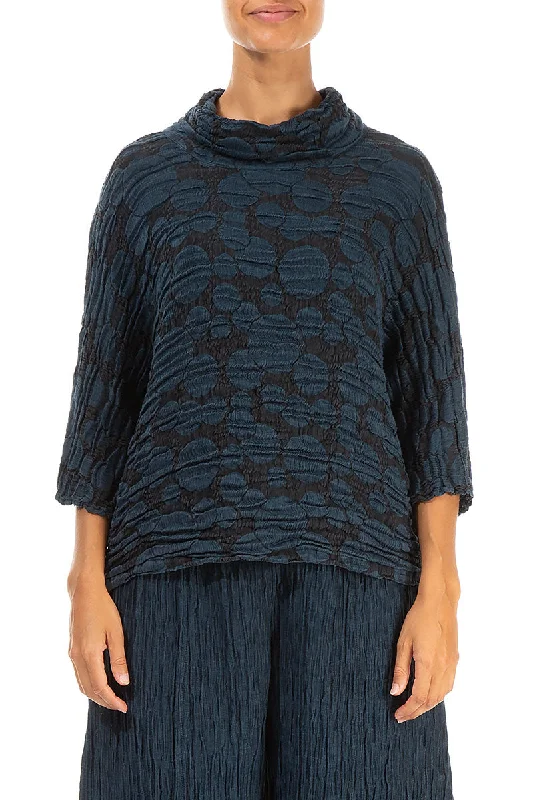 Cowl Neck Midnight Blue Circle Silk Linen Blouse Double Button Blouse