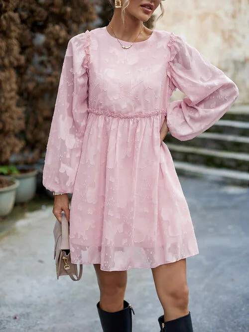 Ruffle Trim Balloon Sleeve Mini Dress Comfortable Shift Mini Dress