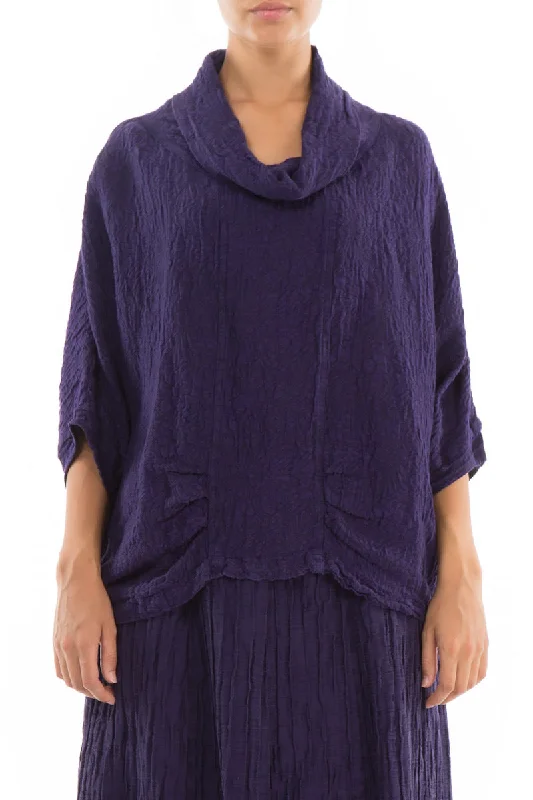 Cowl Neck Floral Crinkled Purple Silk Blouse Loose Oversized Blouse