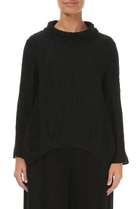 Soft Cowl Neck Crinkled Black Silk Blouse Stretchy Fitted Blouse