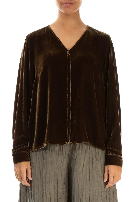 V-Neck Golden Sage Silk Velvet Blouse Silky Draped Blouse