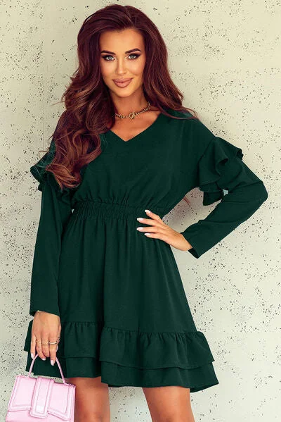 Ruffled V-Neck Dropped Shoulder Mini Dress Trendy Mini Dress with Belt