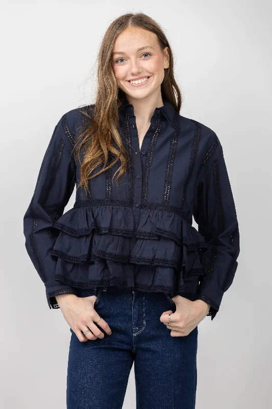 Ulla Johnson Harper Blouse in Midnight Satin Bow Blouse