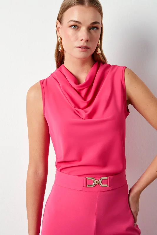 Plunging Neck Sleeveless Blouse - Hot Pink Floral Chiffon Blouse