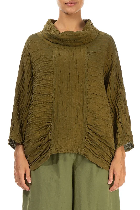 Cowl Neck Crinkled Olive Silk Blouse Casual Stripe Blouse