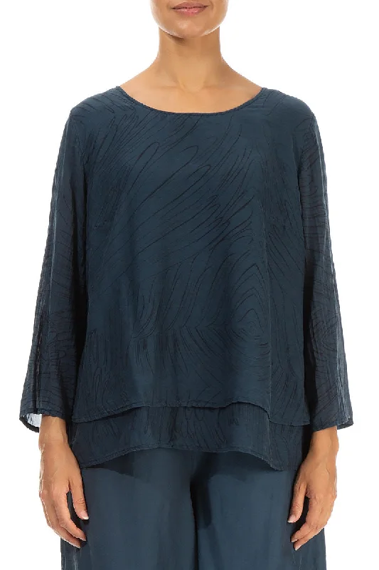 Layered Midnight Blue Feathers Silk Cotton Blouse Stylish Wrap Blouse