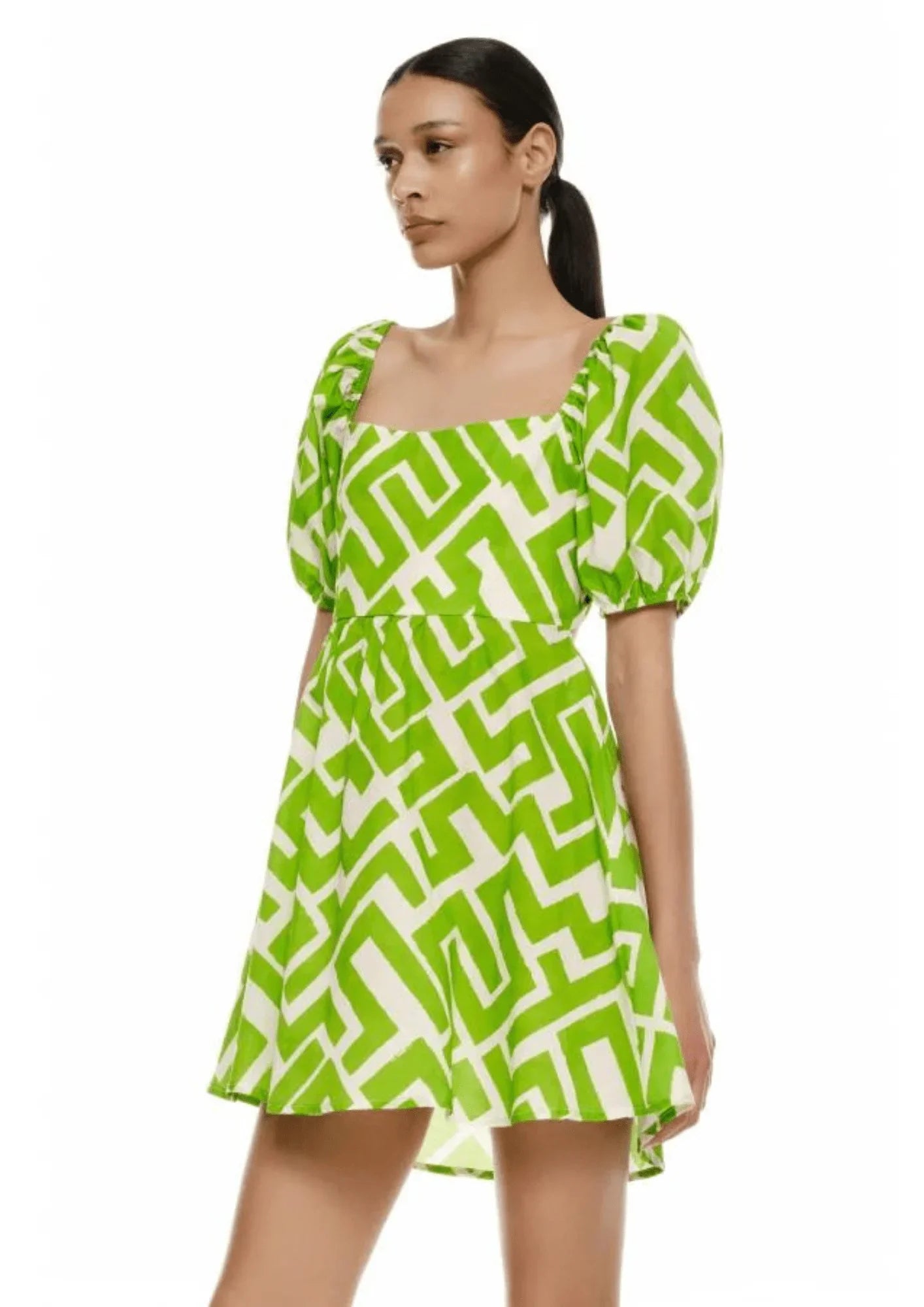 GREEN GEOMETRIC MINI DRESS Fashionable Denim Mini Dress