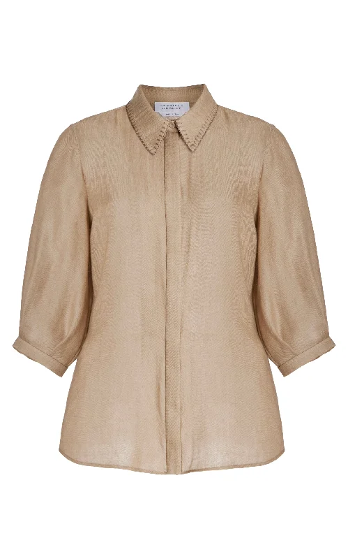 Hadley Blouse in Khaki Virgin Wool Cashmere Mandarin Collar Blouse