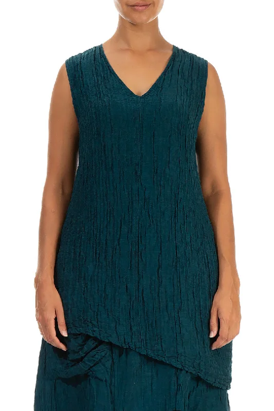 Asymmetric Crinkled Teal Silk Blouse Sheer Sleeve Blouse