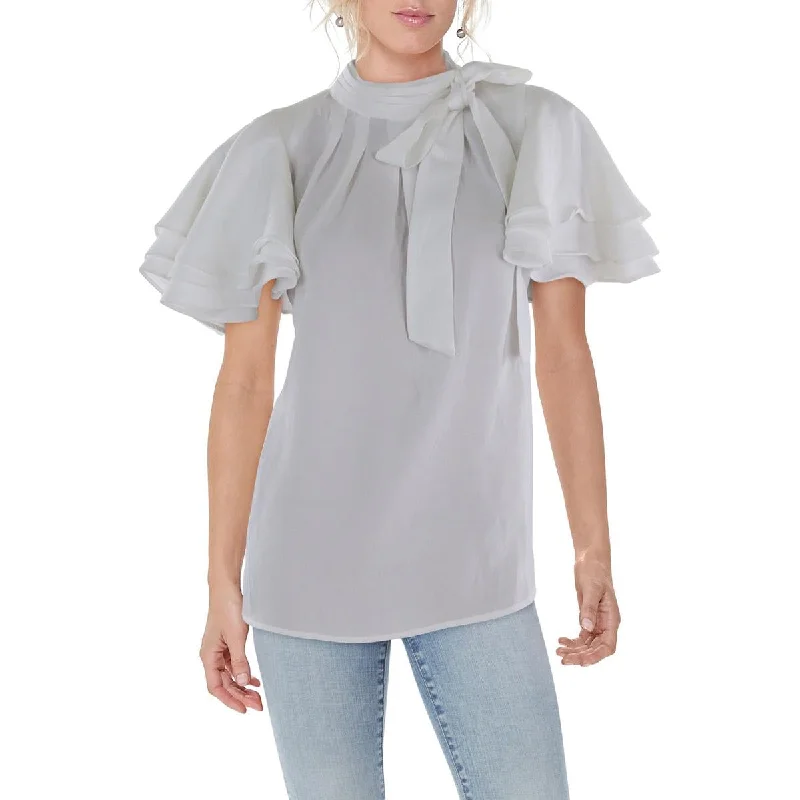 Womens Tie Neck Pleated Blouse Feminine Tie Blouse