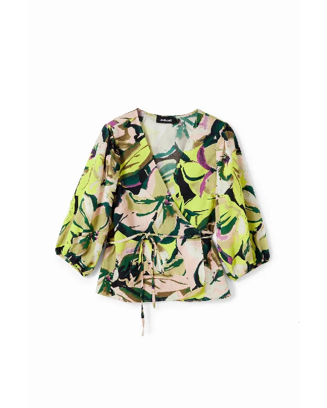 Desigual  Womens Wrap Blouse Floral Print Casual VNeck 34 Sleeve Top Versatile Layering Blouse
