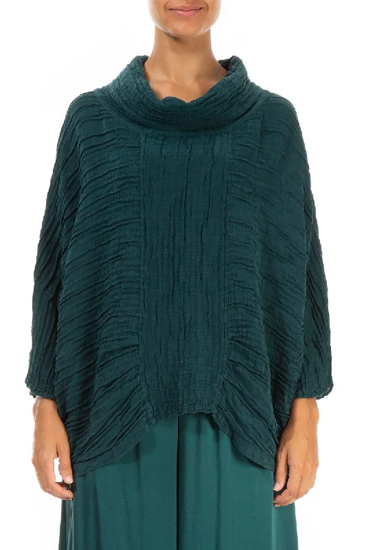 Cowl Neck Crinkled Emerald Silk Blouse Feminine Ruffle Blouse