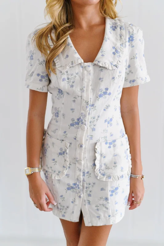 Agnes Collared Floral Button Up Mini Dress - White/Blue Fashionable Button-Front Mini Dress
