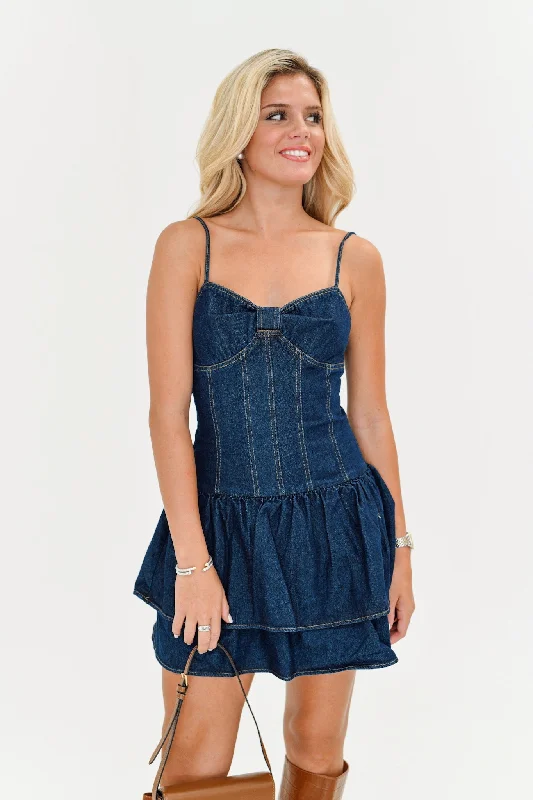 Kasia Mini Dress - Dark Denim Elegant Mini Dress with Ruffles