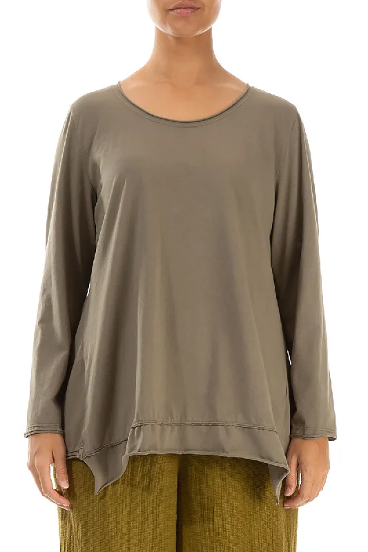 Asymmetric Hem Silver Sage Cotton Blouse Ruffled Neck Blouse