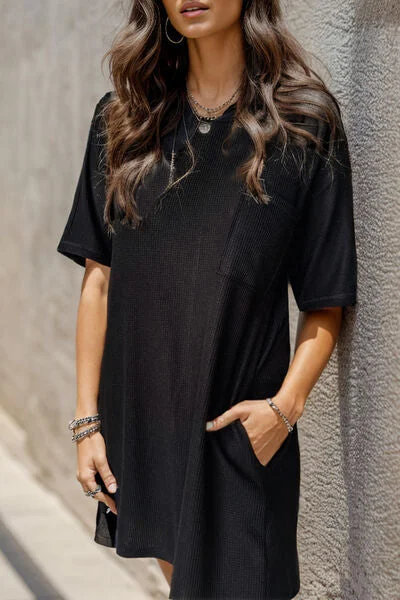Pocketed Round Neck Short Sleeve Mini Dress Classic Black Mini Dress
