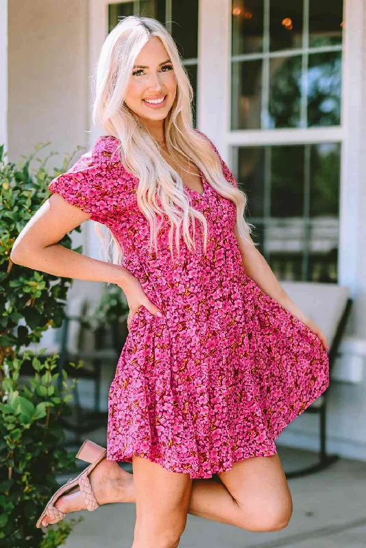 Floral V-Neck Short Sleeve Mini Dress Elegant Mini Dress with Ruffles