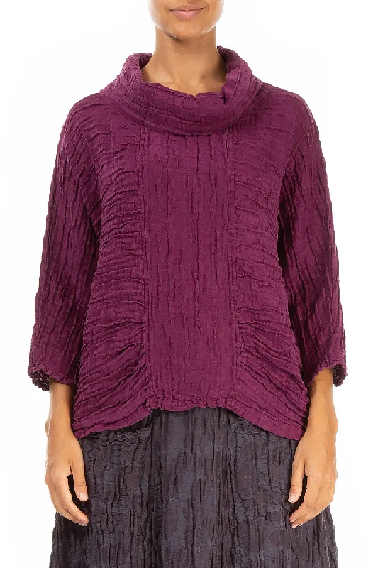 Cowl Neck Crinkled Magenta Silk Blouse Collared Satin Blouse