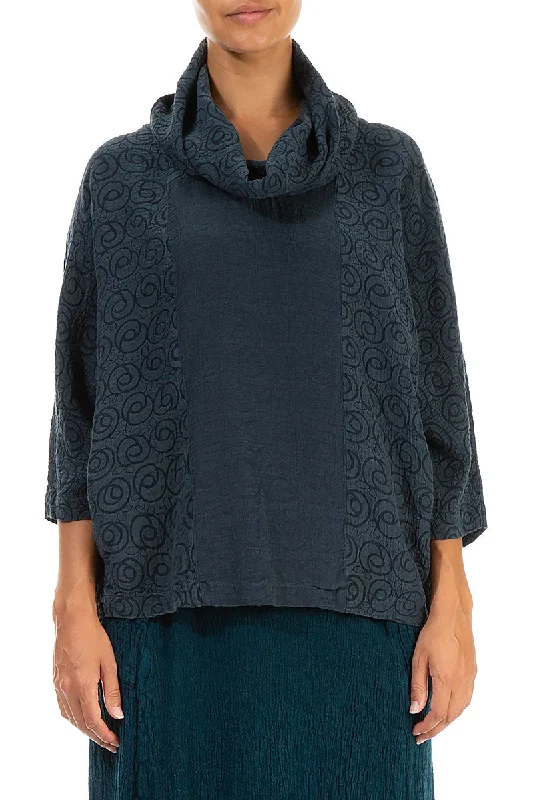 Cowl Neck Teal Silk Cotton Blouse Asymmetric Hem Blouse