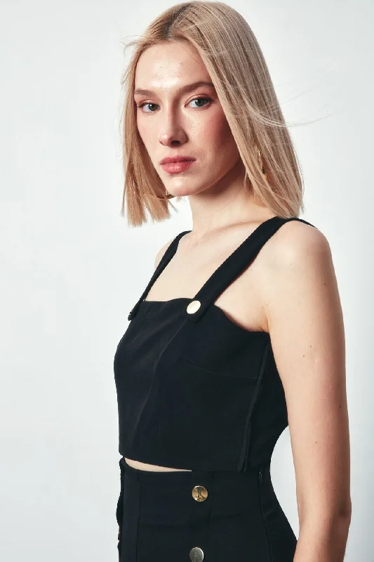 Crop Blouse with Snap Detail - Black Mandarin Collar Blouse