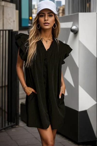 Ruffled Cap Sleeve Pocketed Mini Dress Comfortable Wrap Mini Dress