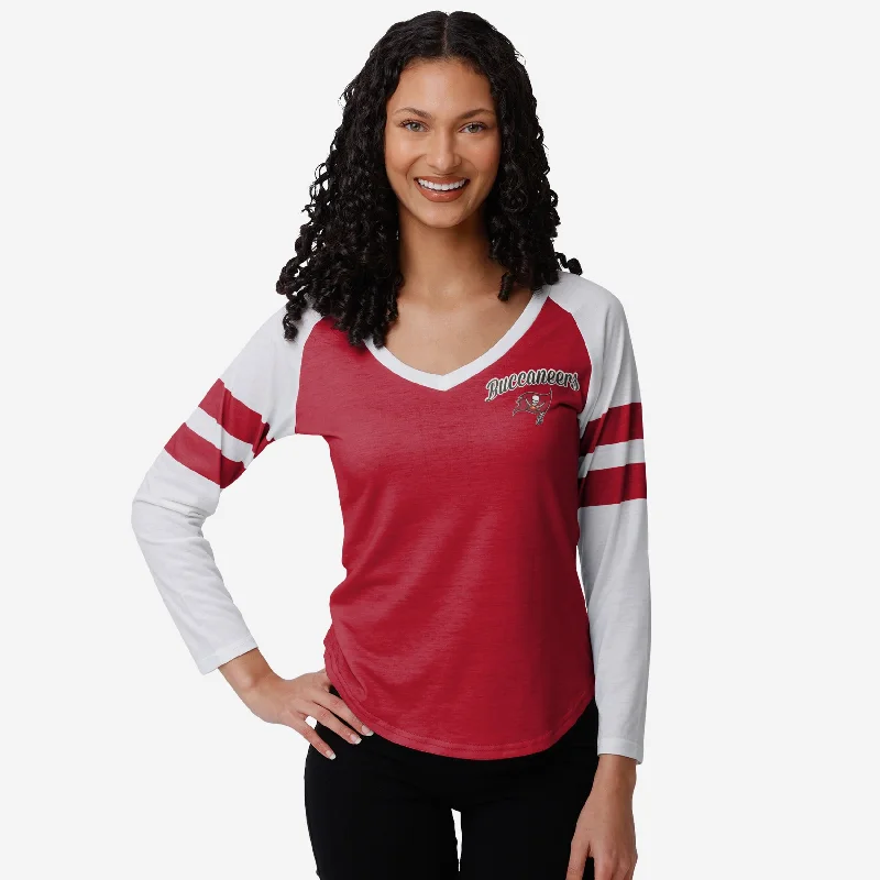 Tampa Bay Buccaneers Womens Script Wordmark Striped Sleeve Raglan T-Shirt-- Silk Blend Satin Velvet Tampa Bay Buccaneers Womens Script Wordmark Striped Sleeve Raglan T-Shirt-- Silk Blend Satin Velvet